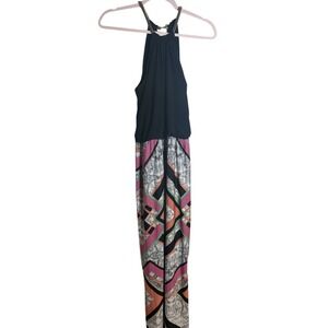 MSK MAXI BLACK/ORANGE SLEEVELESS DRESS WITH GOLD METALLIC NECK  Women's Medium